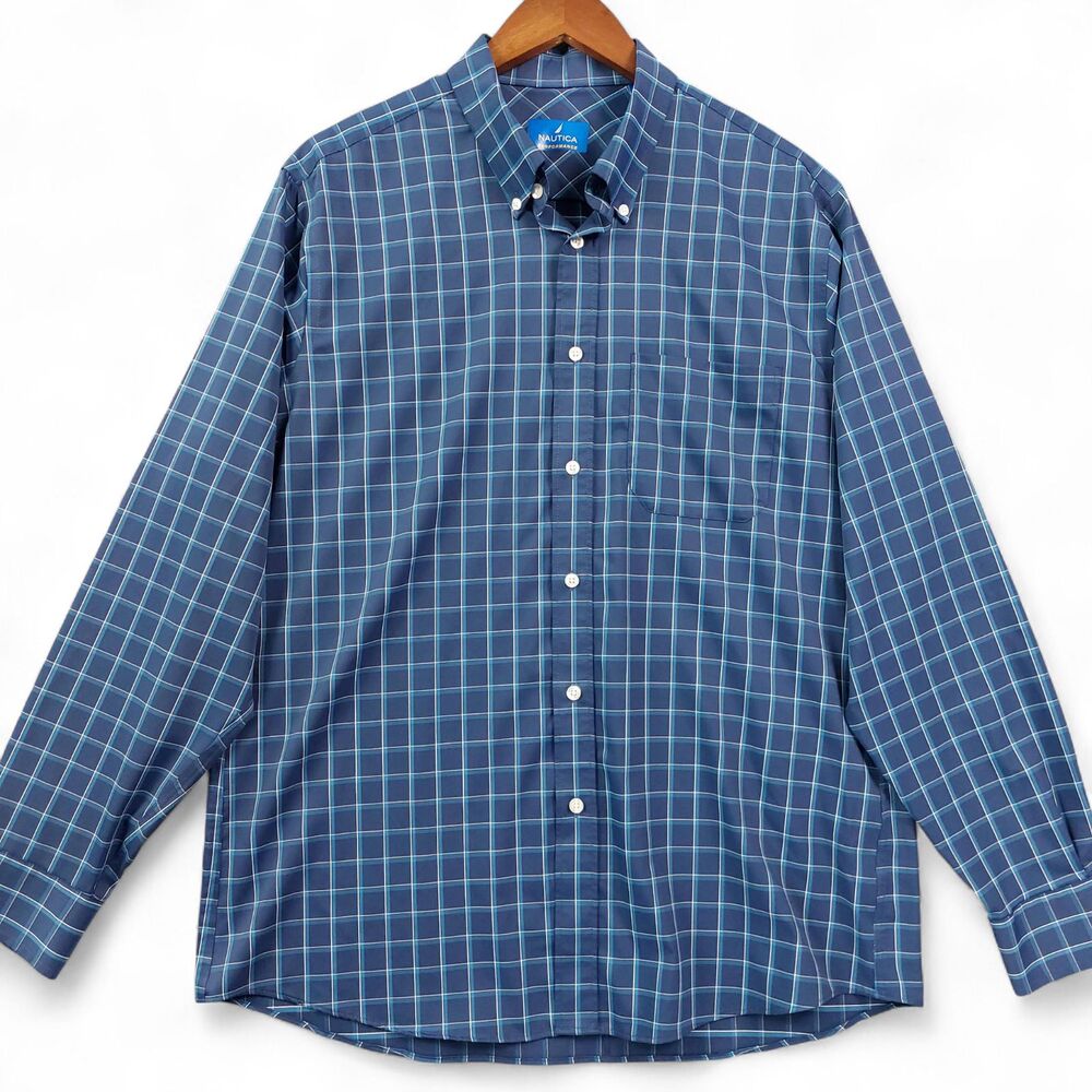 Nautica Shirt Mens Sz L Blue Plaid Performance Button Down Long Sleeve Stretch